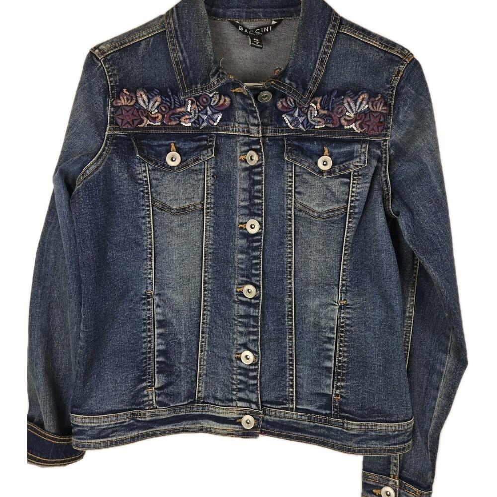 BACCINI Women’s Denim Jean Jacket Pockets Buttons Embroidered PS Boho Hippie Flo - Picture 2 of 10